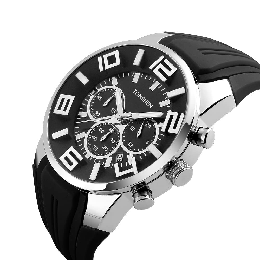 TONSHEN Relojes de Hombre Deportivos Estilo Moda Clásico Analógico Cuarzo Acero Inoxidable Bisel Y Correa Suave Goma Relojes de Pulsera Sub Dial Fecha Temporizador