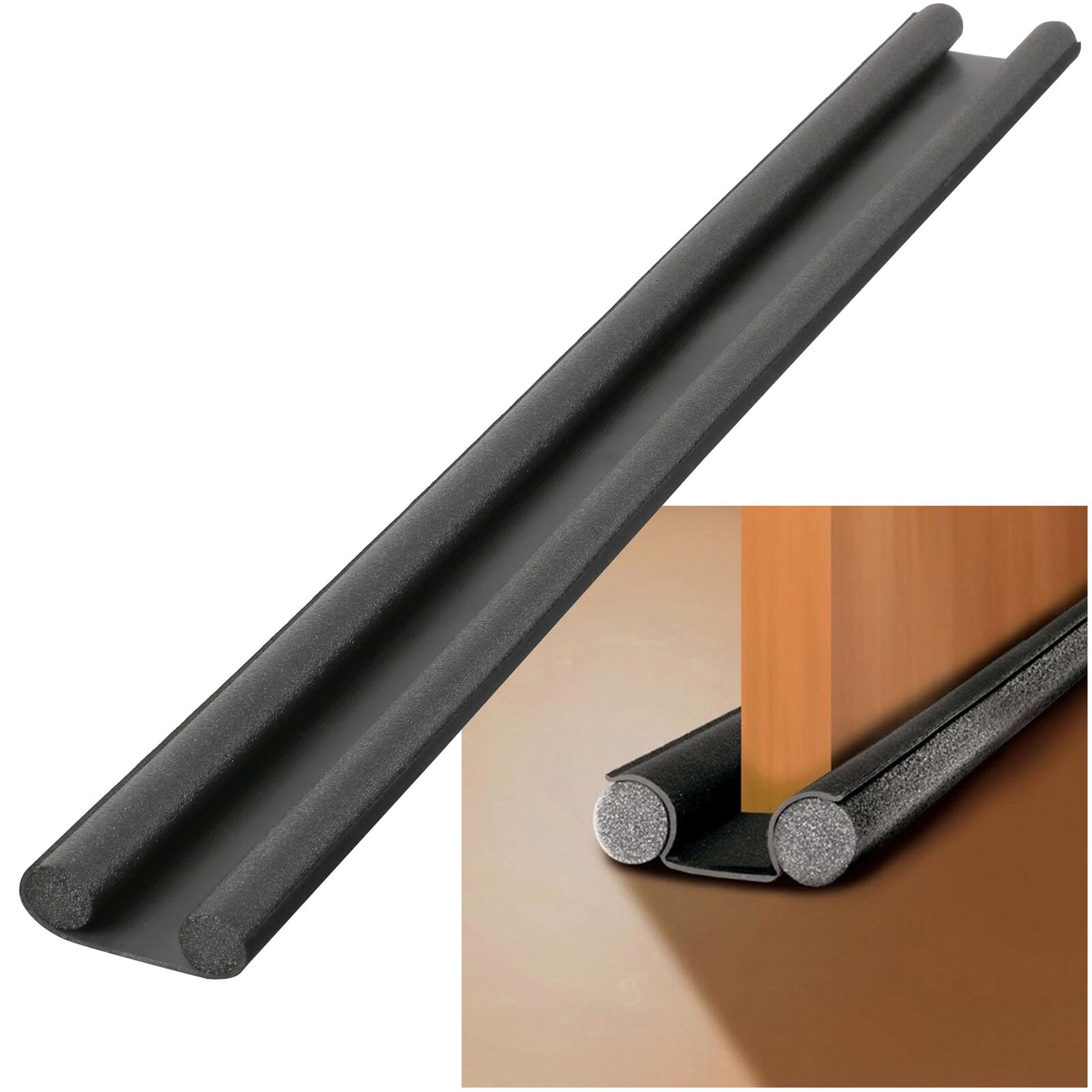 URBNLIVING 93cm Foam Draft Excluder Waterproof Under Door Stopper Weather Insulation Bottom Guard Flexible Double Sealing Strip Noise Stop Tape Sound Proof Sweep Weatherstrip for Gap Seal - Black