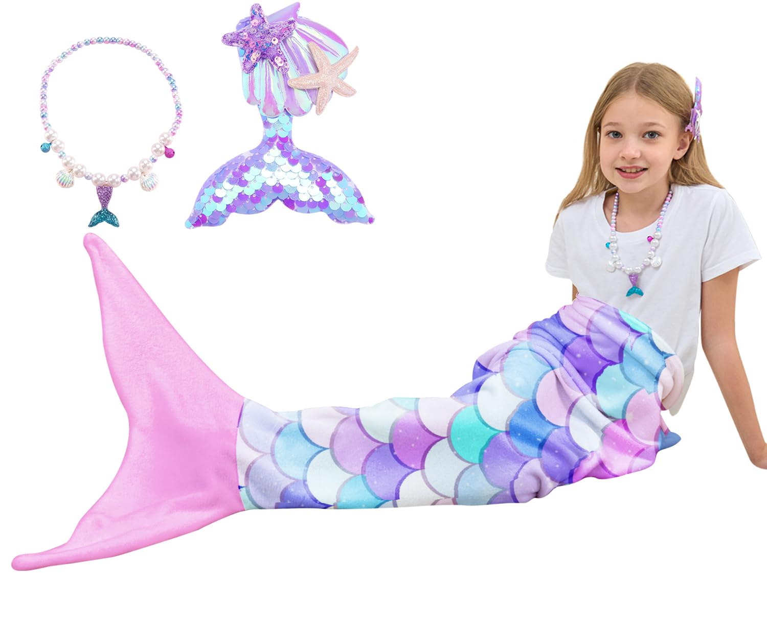 Mermaid Tail Blanket for Girls Soft Flannel Wearable Blanket Sleeping Snuggle Kids Birthday Gift (55" X 20")