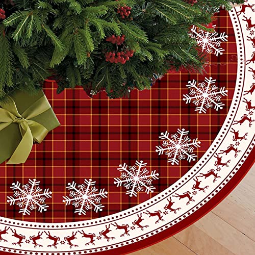 image for Amoccal Christmas Tree Skirt, 48 Inch Xmas Red Plaid Snowflake Xmas Tr