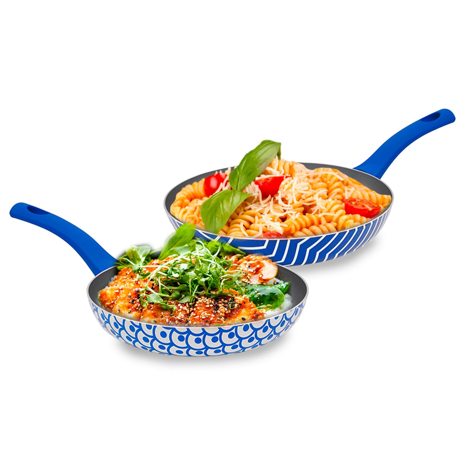 Avilia - Set Padelle Antiaderenti 24-28 cm con Rivestimento a Base d’Acqua per Cottura Sana e Uniforme, Lavabili in Lavastoviglie, Compatibili con Induzione, Manico Ergonomico e Design Mare