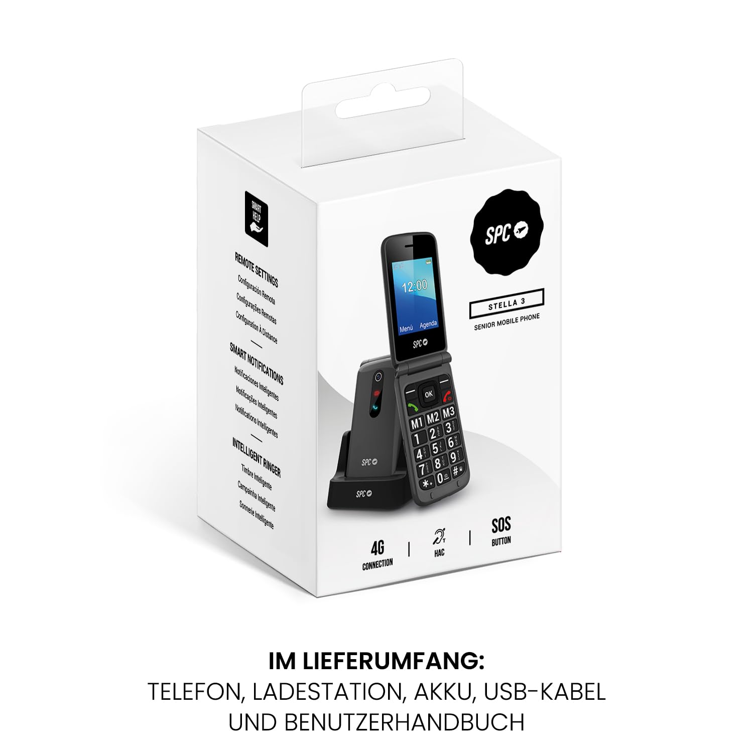 SPC Stella 3 - 4G Seniorenhandy mit Klappcover | Menü und große Tasten | Notruftaste, Remote-Konfiguration, hörgerätekompatibel und 103dB Lautstärke | Ladestation und 3 Direktspeicher - Schwarz