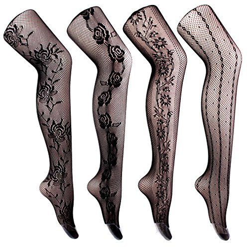 4 verschiedene Paar Damen Sexy Strumpfhosen Control Top Verstärkte Zehen Seide Fischnetz Strumpfhose Blumen Strumpf Schwarz Gr. One Size, Set L Cover