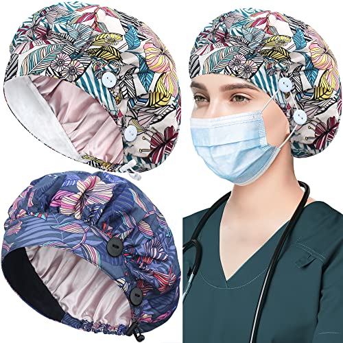 ABAMERICA 2 Pack Bouffant Caps with Button and Sweatband, Adjustable Scrub Caps for Women Men, One Size Multi Color A-72 2pack Satin Lined Tf Wht+ Blue Satin Lined
