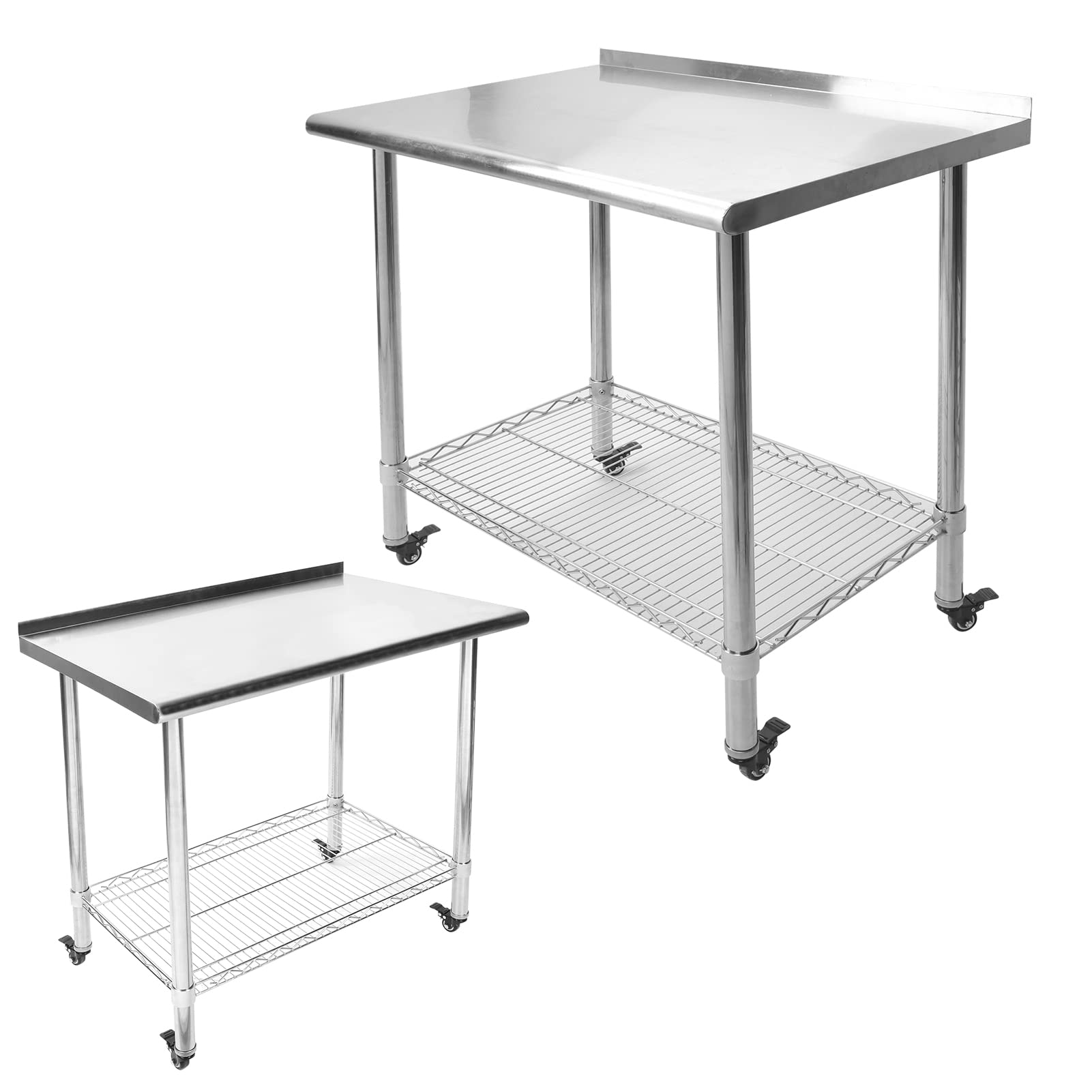 Wakects Mesa de Trabajo de Acero Inoxidable con 2 Niveles, con Frenos de Ruedas, Mesa de Cocina Gastronómica de Almacenamiento