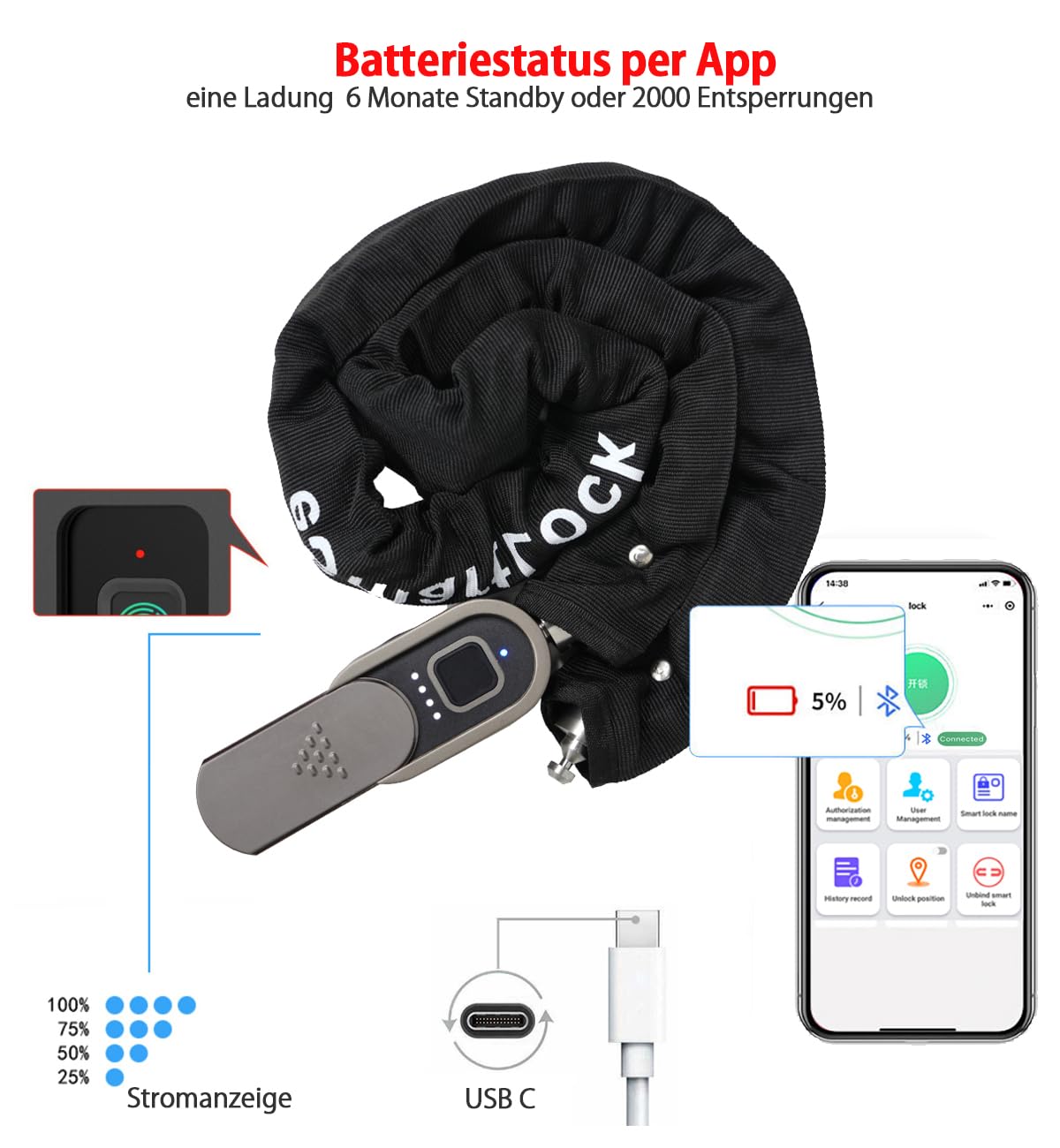 Candado de cadena para bicicleta con llave eLinkSmart impermeable Bluetooth App Bike Lock (100 cm de longitud 8 mm de diámetro) para bicicleta, scooter, moto, portón
