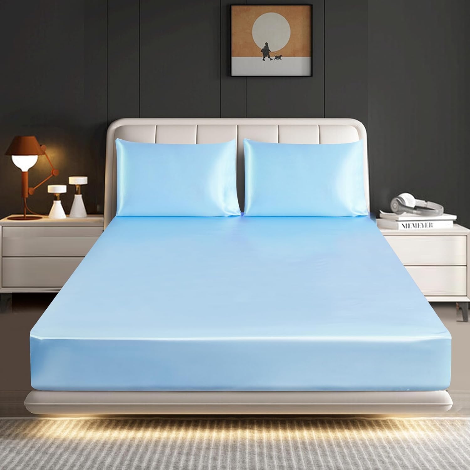 Luxury 3 Piece Satin Fitted Sheet Set – Silky Soft, Deep Pocket Bed Sheet with 2 Pillowcases – Satin Bedding Set UK – Single, Double, King & Super King (SKY-BLUE, Single)