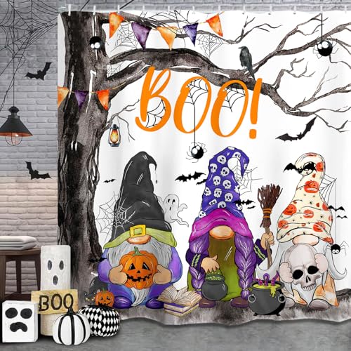 Baccessor Halloween Boo Gnomes Shower Curtain for Bathroom Autumn Pumpkin Spider Web Spooky Witch Ghosts Skull Waterproof Washable Fabric Bathroom Decor with 12 Hooks 72x72 Inch