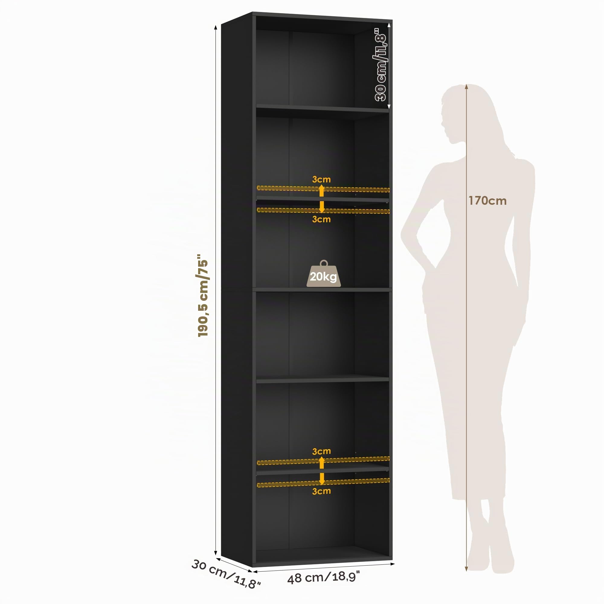 FirFurd Estantería Libros Sinfonier Alto Librería Madera, 6 Compartimentos | Librería Estantería, Biblioteca, Estanterias Almacenaje, Estrecha y Alta, para Salón Oficina Dormitorio Negro 48x30x191Al.cm