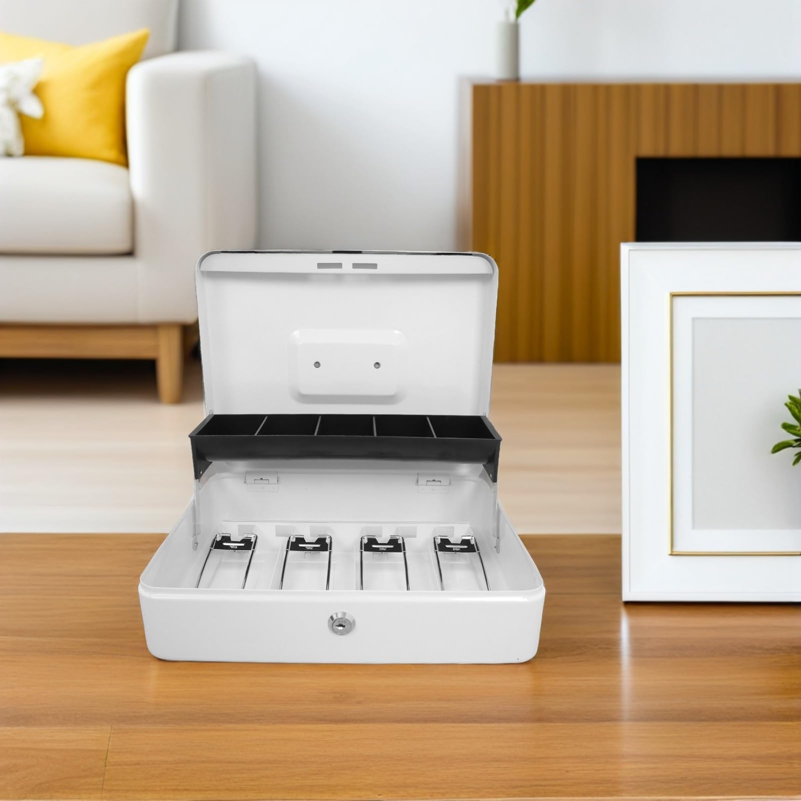 Boîte à Monnaie en Fer Blanche avec Clé, Coffret de Caisse Compact