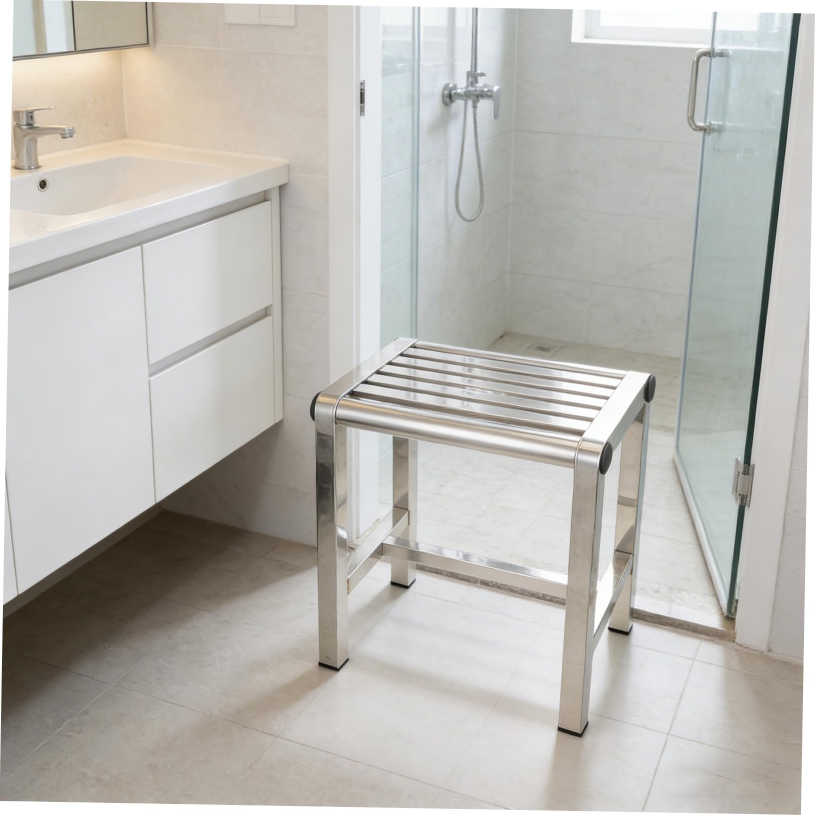 TOYANDONA Taburete de Ducha Compacto de Acero Inoxidable Resistente al Agua Diseño Antideslizante y Limpieza Fácil para Baño y Balcón, Adecuado para Personas Mayores