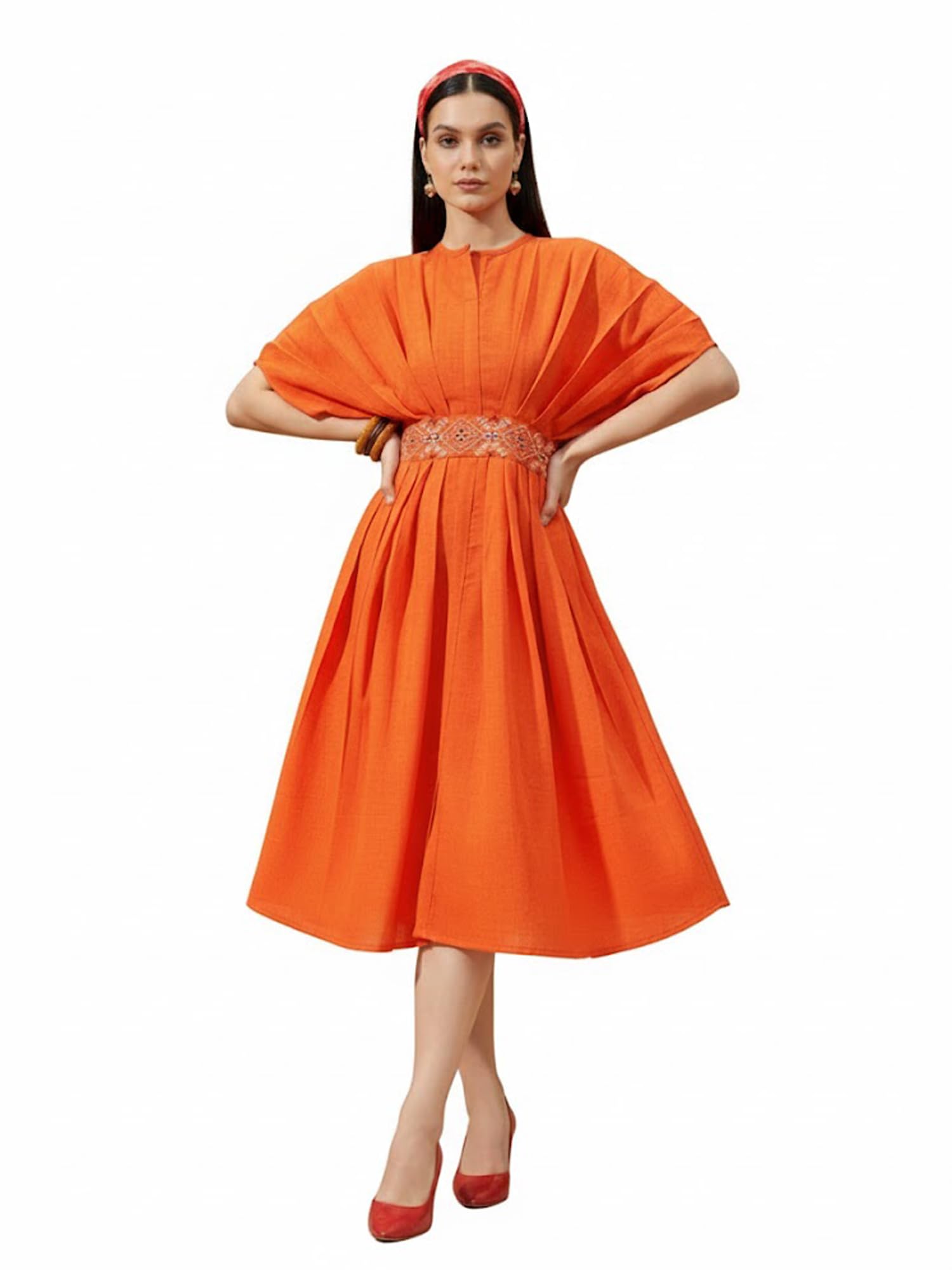 Women's Fit and Flared Knee Length Half Sleeve Round Neck Solid Dress-image-41