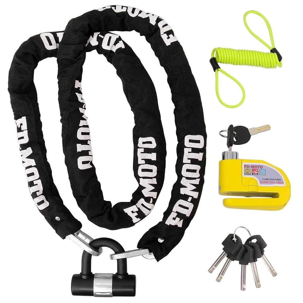 FD-Moto 2M*10mm 4.3KG Steel Motorcycle Chain Lock Padlock + 110dB Yellow Alarmed Motorbike Brake Disc Lock + 1.5M Cable