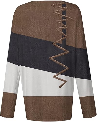 Miniatura 5 de Camisetas con cuello en V sesgado para mujer, otoño, verano, bloque de color, geometría, gráfico, ajuste relajado, camisetas largas para mujer, 2024