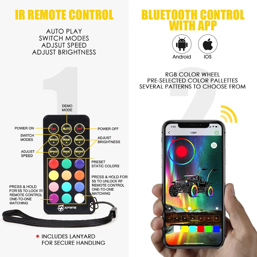 Xprite 3FT 1PC RGB LED Whip Light, Remote & App Control DIY Chasing Pattern w/Stop Turn Reverse Brake Lights Safety Antenna Lighted Whips for ATV UTV Polaris RZR Can-am Buggy Jeep, 2 Year Warranty