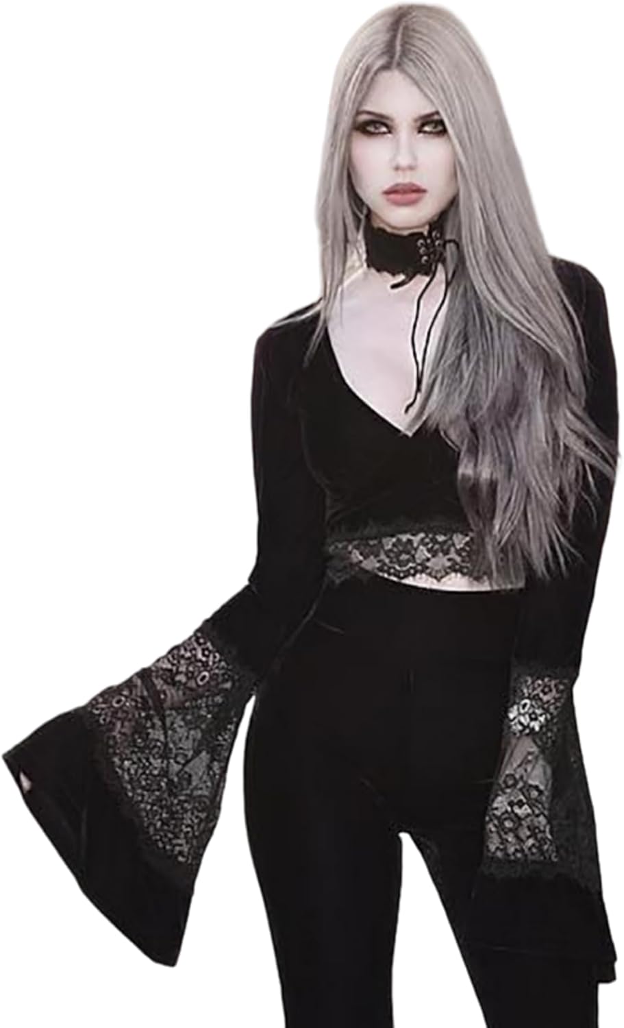 Women's Sexy Vintage Gothic Lace Flare Sleeve T Shirt Tops Hollow Out Retro Crop Tops for Halloween Party Festival