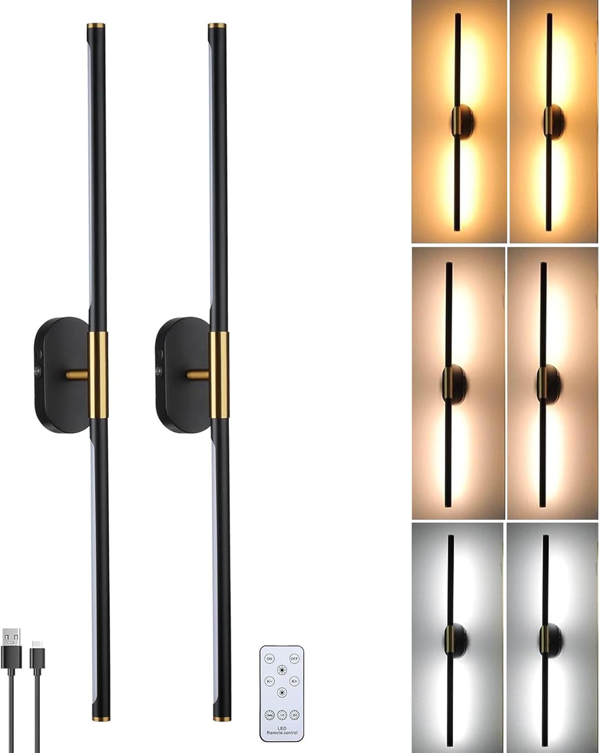 31.5" Battery Operated Wall Sconces Set of Two, Rechargeable Wall Sconce with Remote, Wireless Wall Lights 2800K-6500K Dimmable Wall Lamps for Bedroom Living Room Hallway TV Wall, Black Gold