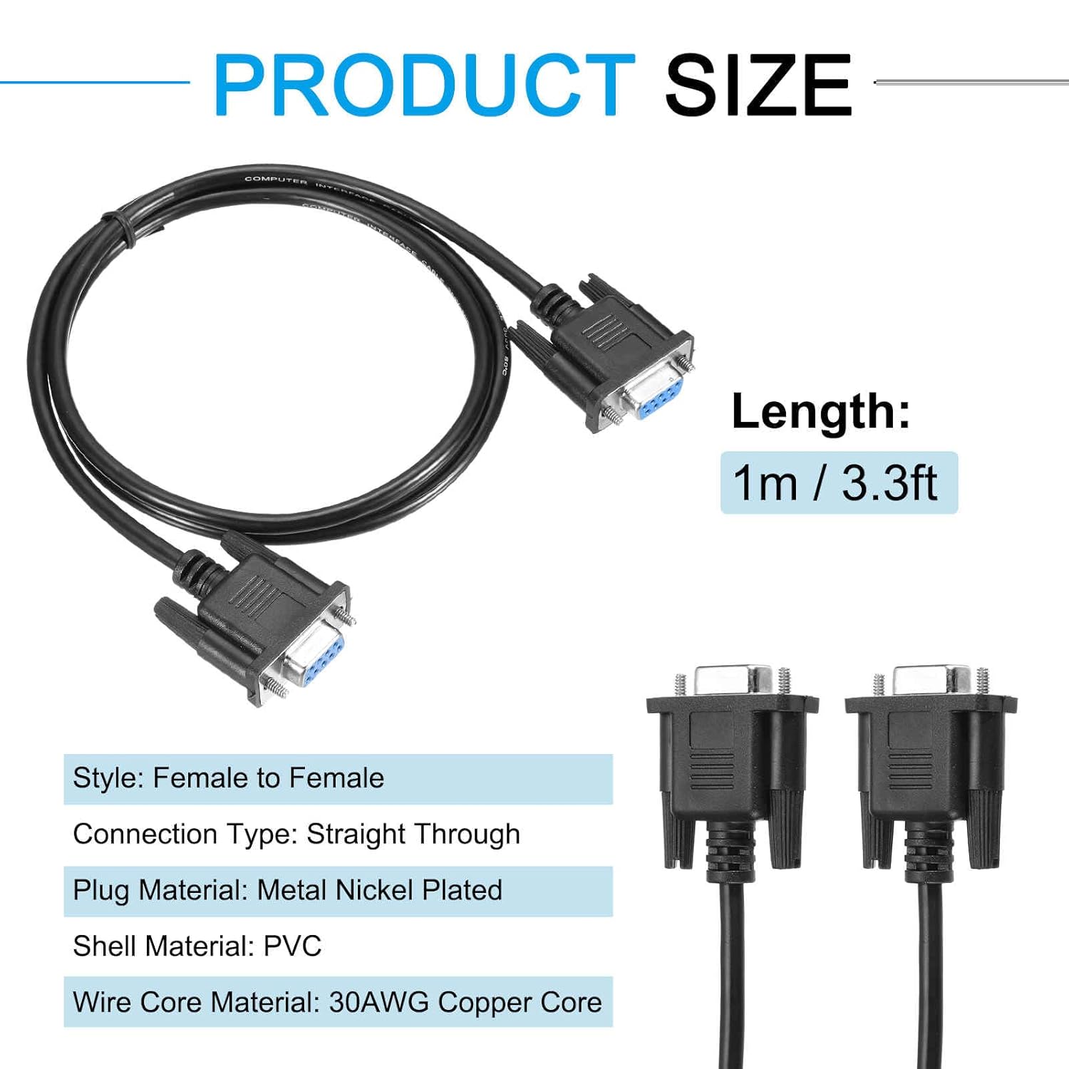MECCANIXITY 3.3 ft DB9 RS232 Serial Cable, Straight Through RS-232 Female to Female 9 Pin Extension Cable for Data Communication, Black