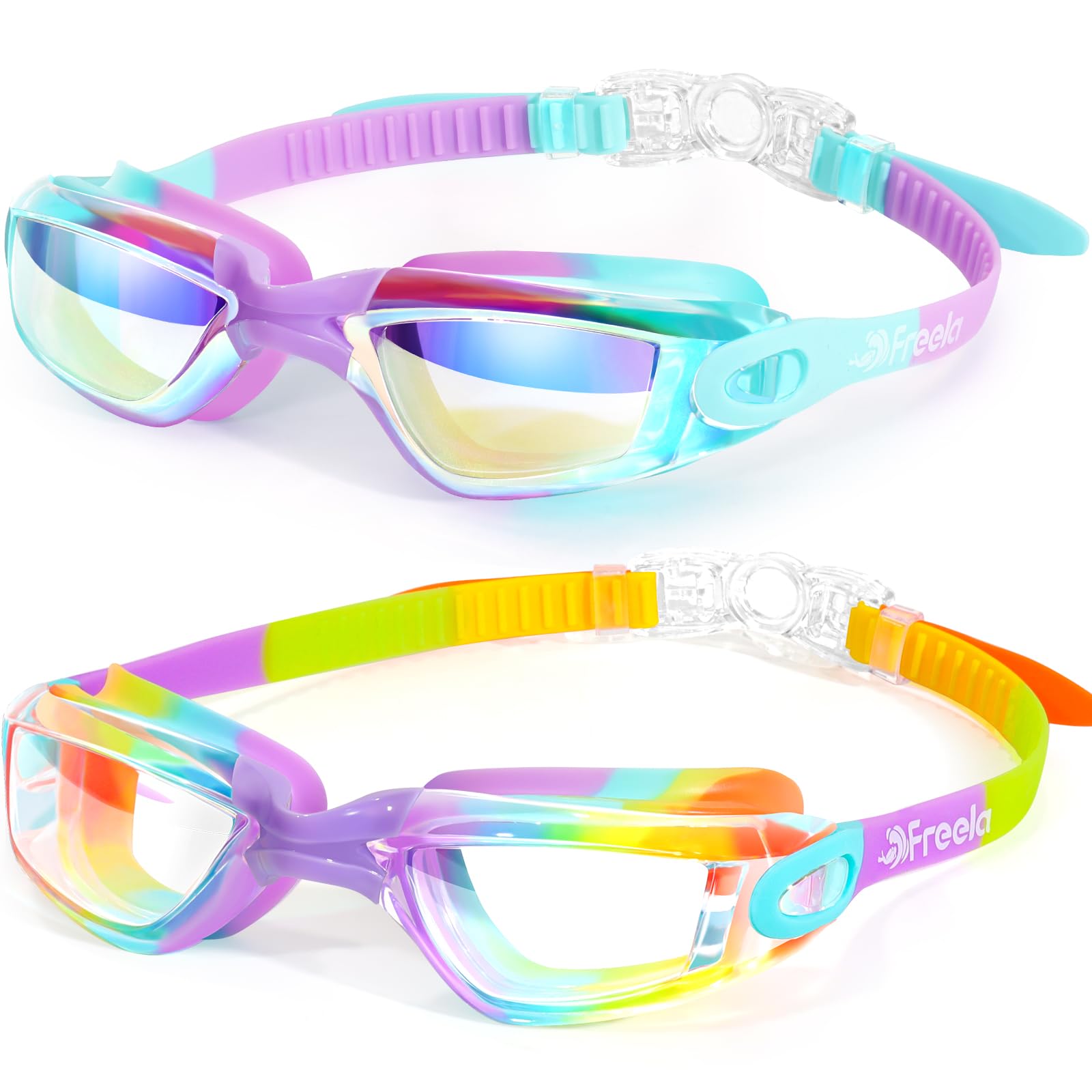 Freela Gafas de natación para niños, paquete de 2 gafas de natación para niños de 3 a 14 años, gafas de natación antivaho, protección UV, sin fugas