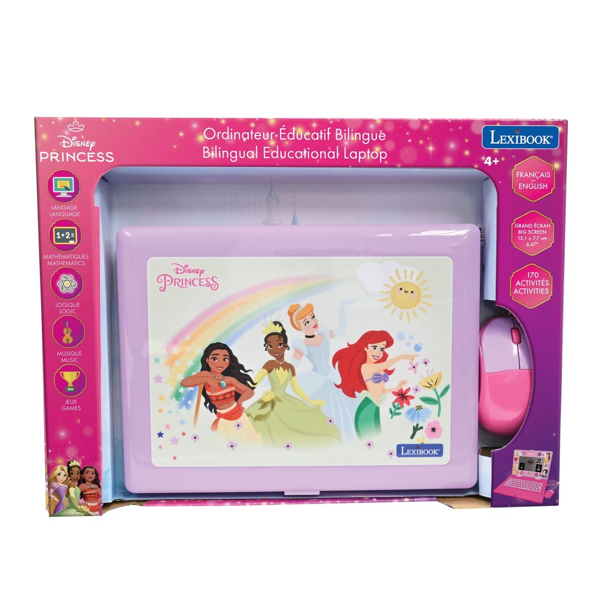 Lexibook Ordinateur Portable Éducatif Bilingue Disney Princesses 170 Activités Écran 6.7" Anglais/Français Rose JC599DPi1