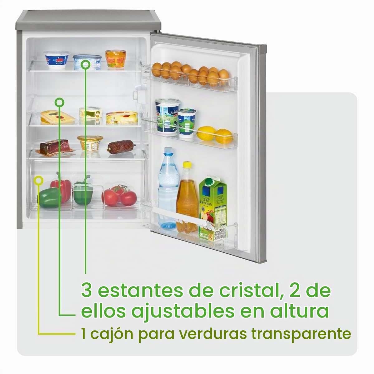 Bomann Nevera 133L acero inoxidable VS2185-1-inox, Capacidad neta: 133 litros, Iluminación interior LED, Control de temperatura continuo, 3 estantes de vidrio