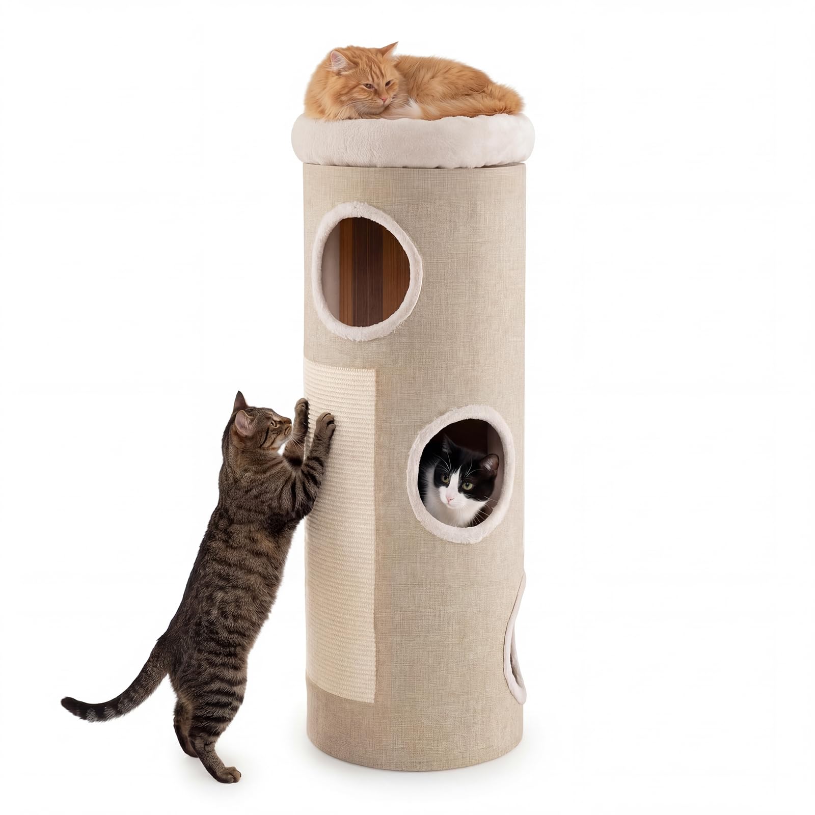 GYMAX Griffoir Dome 113cm avec Perchoir Souple, Tonneau à Griffer pour Chats, avec 3 Entrées, 2 Panneaux en Sisal à Gratter, Tissu Respirant, Matériau Intérieur Naturel