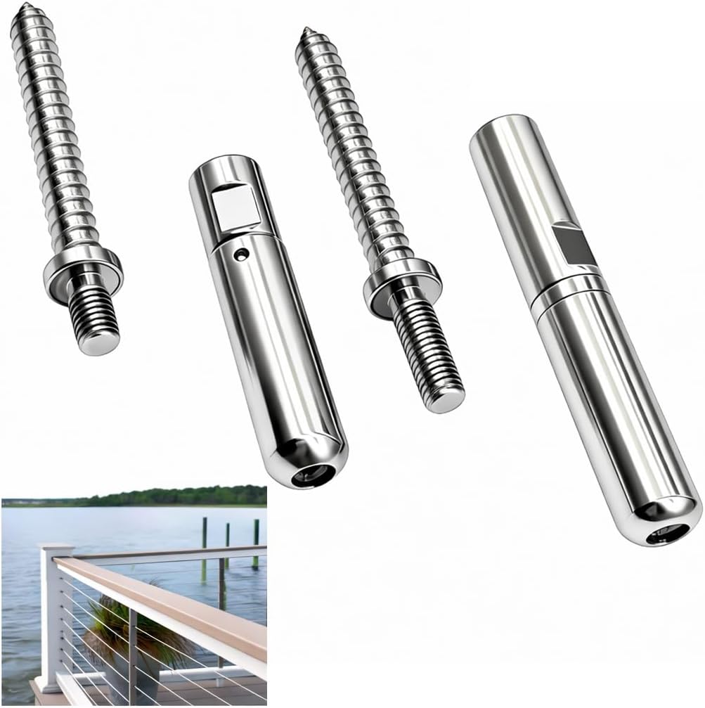 MR.RAIL Cable Railing Tensioner for Wood Posts, Quick Lock Swageless Cable Railing Kit Hardware for 1/8" 1x19 Cable, Horizontal Long Span Deck Railing System, 316L Stainless Steel, No Crimp (1 Pair)