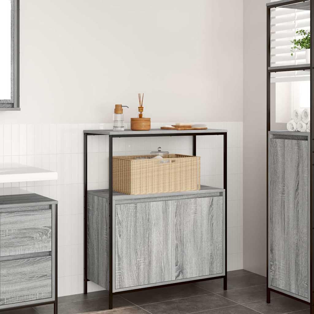Armadietto da bagno grigio Sonoma con 3 ripiani e anta, 76,5 x 35 x 95 cm, in legno, per bagno, WC degli ospiti, lavanderia, con piedini regolabili e montaggio a parete, pratico stoccaggio e