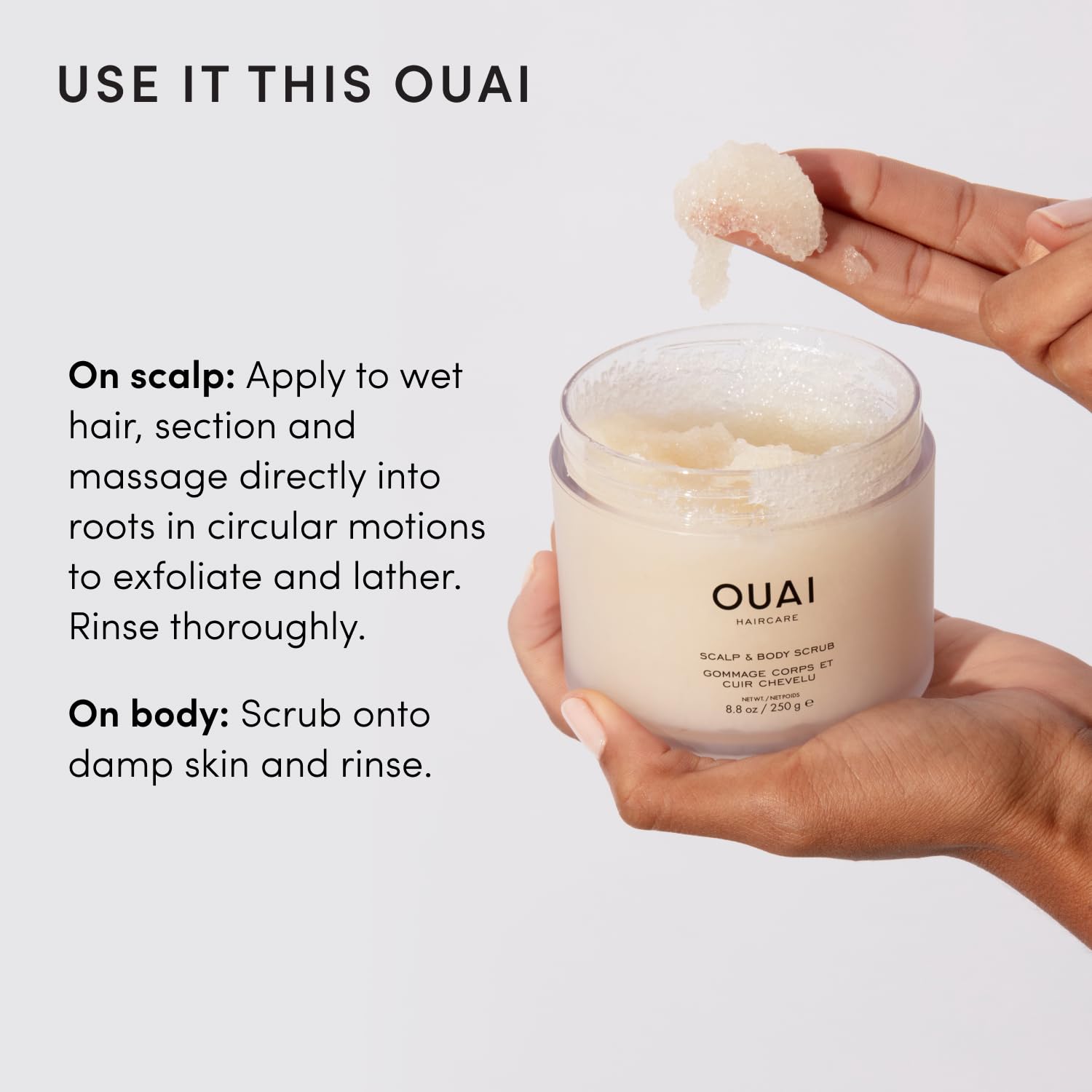 OUAI Gommage cuir chevelu & corps format voyage, Melrose Place - Gommage exfoliant au sucre + mélange d’huile de coco pour une peau lisse et hydratée - Exfoliant doux pour éliminer l’accumulation de p