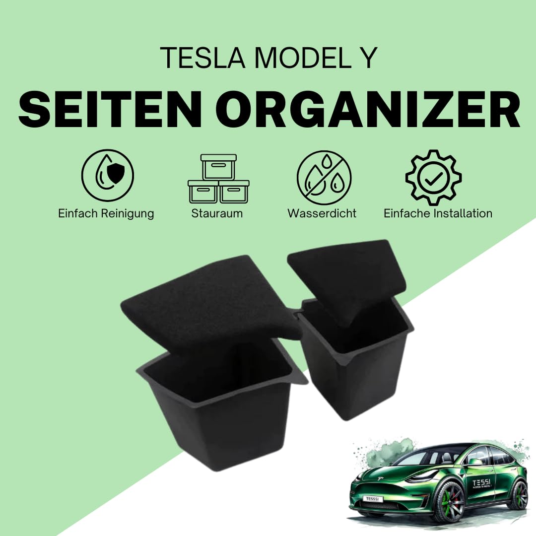 TESSI Trunk Seiten Organizer passend für das Tesla Model Y (Giga Berlin) - Mehr Stauraum - Ideal für Camping & für kleine Gegenstände - Für Model Y entwickelt - 2 Deckel zum schließen der Fächer