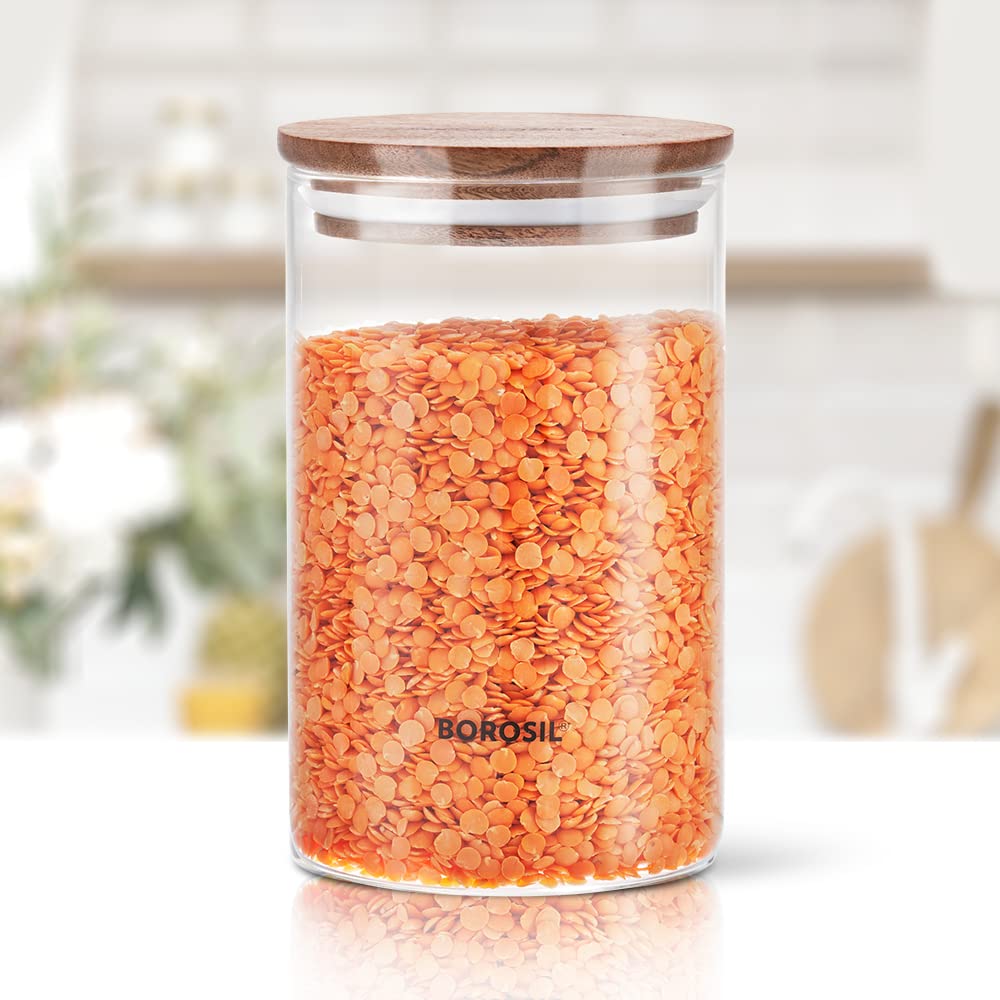 Borosil 900 ml Classic Storage Jar with Wooden Lid | Borosilicate Glass Container for Kitchen | Airtight, Dishwasher Safe | Multipurpose Kitchen Organizer for Cookie, Spices, Grains & Dals (B0BR85FJZF) Amazon Price History, Amazon Price Tracker