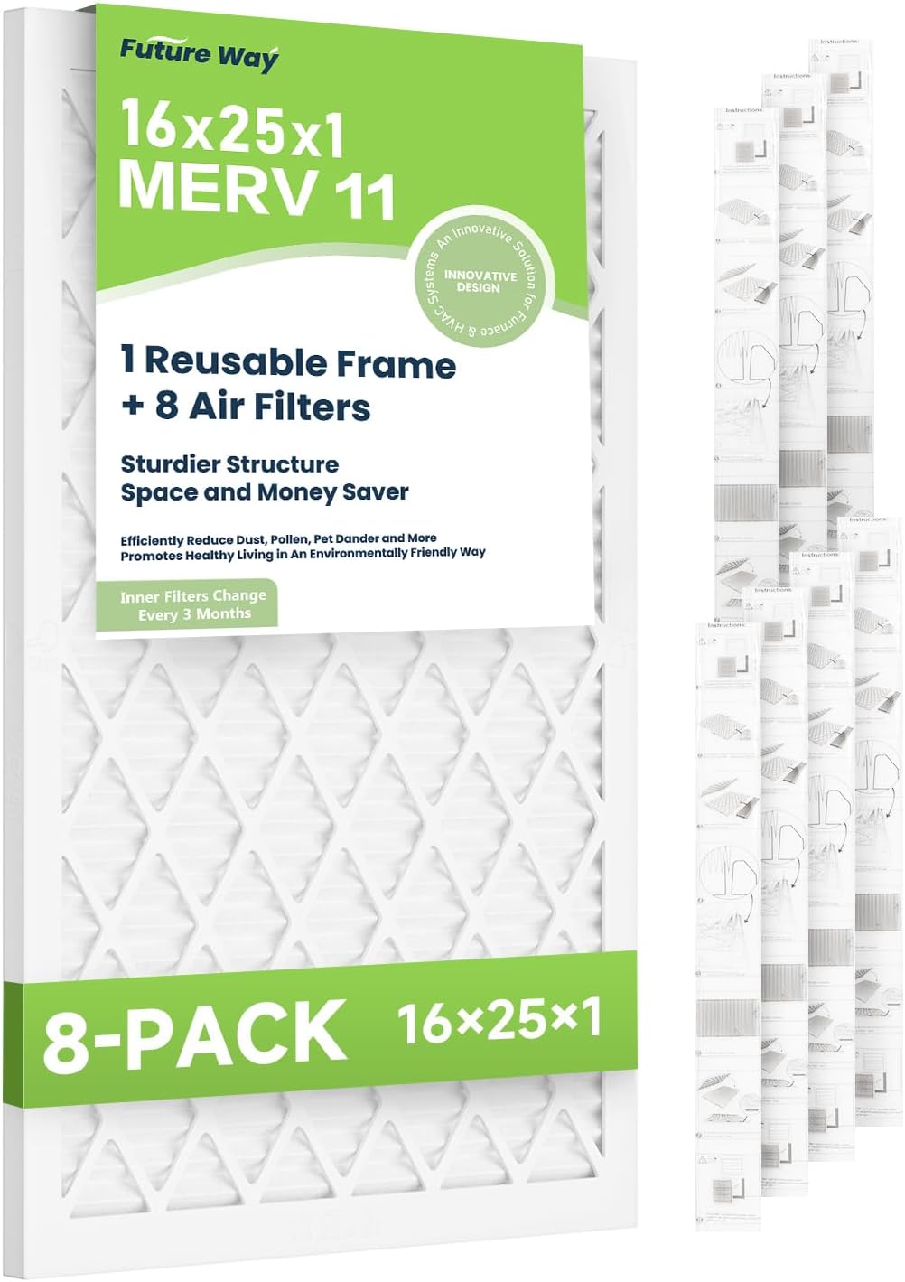 Future Way 16x25x1 Air Filters, 8Pack with Reusable Frame, MERV 11