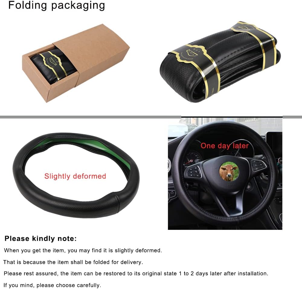 Black Genuine Leather Steering Wheel Cover Soft Silica Gel Liner 15 Inch for Fusion Altima Etc Most Cars