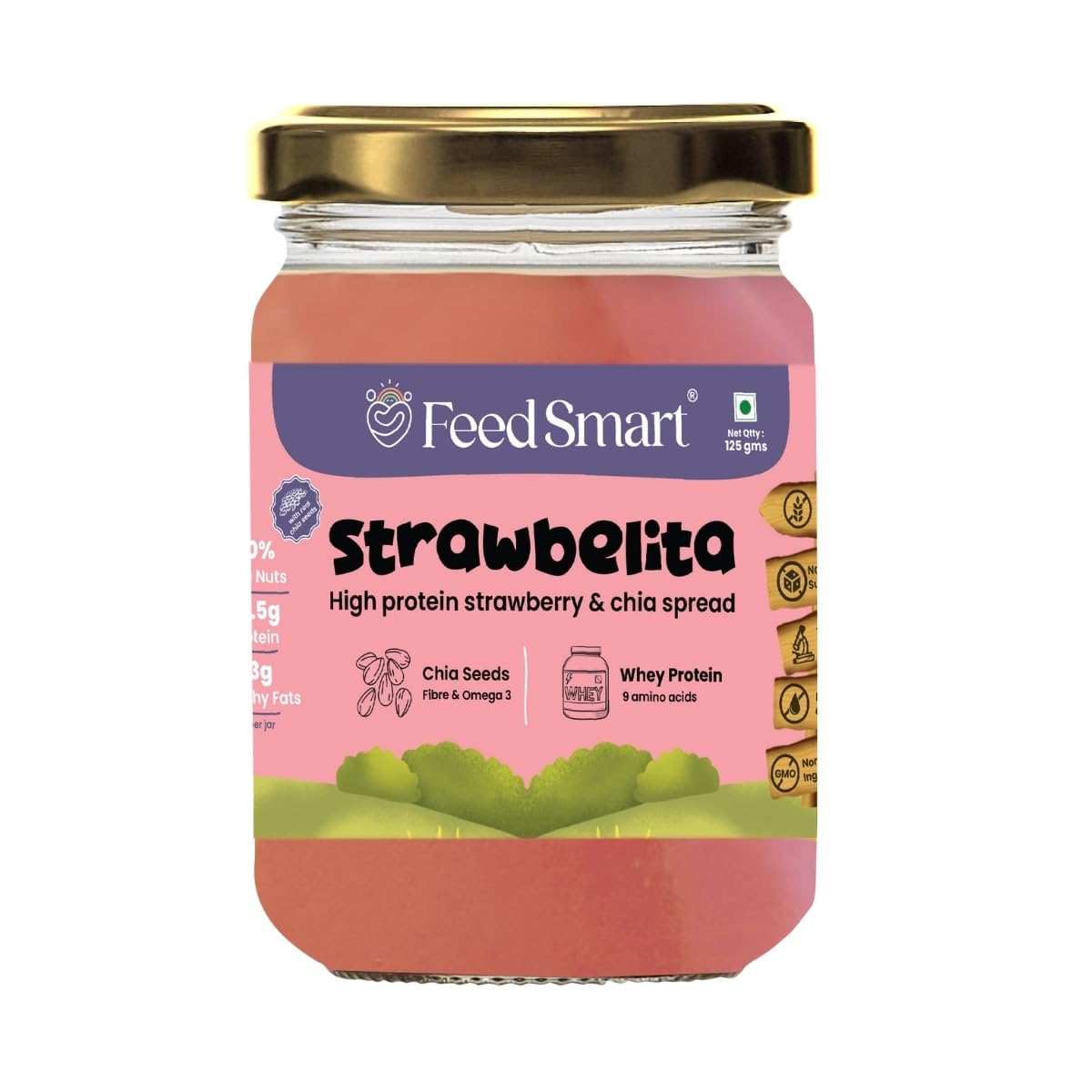 Feed Smart Strawbelita | Strawberry Spread | Whey Protein | No Refined Sugar | Gluten-Free | With Chia Seeds & Beetroot Powder | Natural Ingredients | 125 Gram | Pack of 1