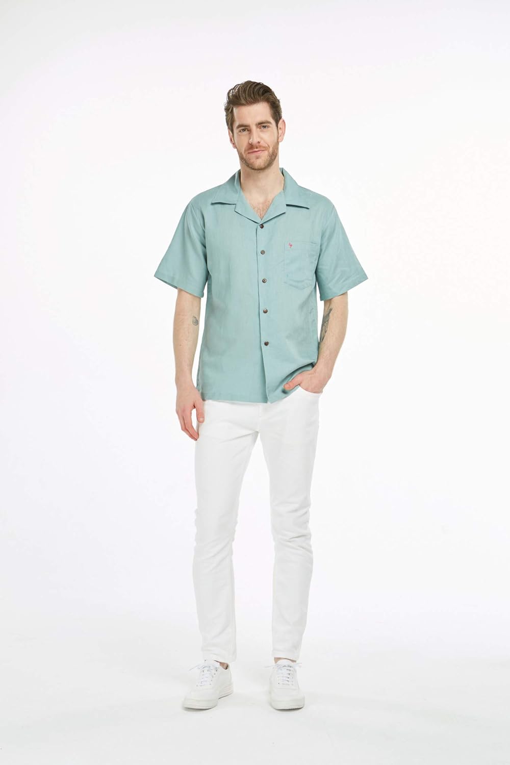 Men's Hawaiian Luau Embrodiered Flamingo Linen Cotton Shirt