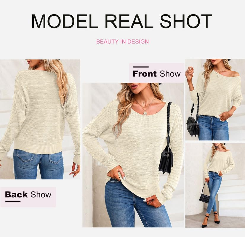 Image of Dokotoo Womens Ribbed Knit Textured Drop Shoulder Long Sleeve Crew Neck Pullover Sweaters