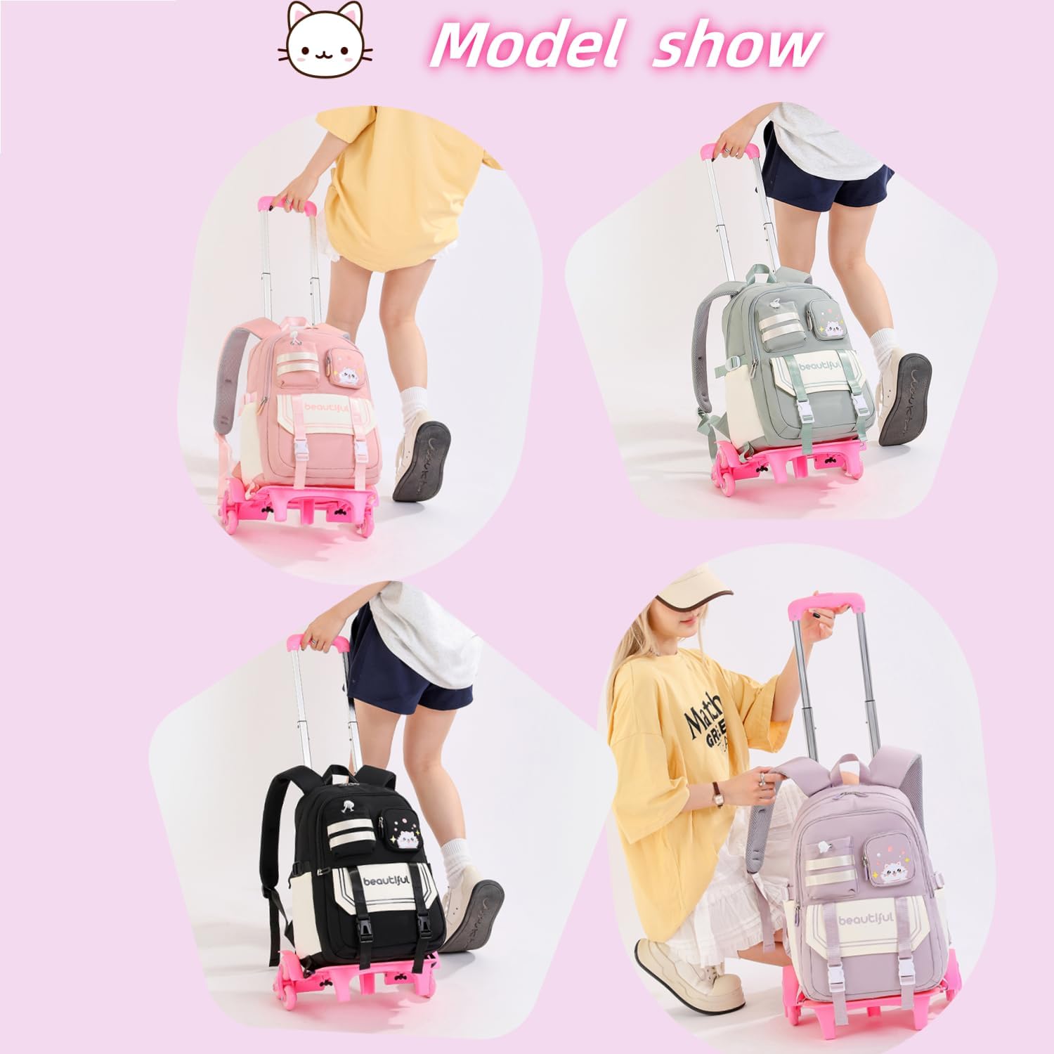 Cat Print Rolling Backpack for Girls Kids Backpack with Wheels Roller Bookbag Trolley School Bag Wheeled Bag Green - Image 3