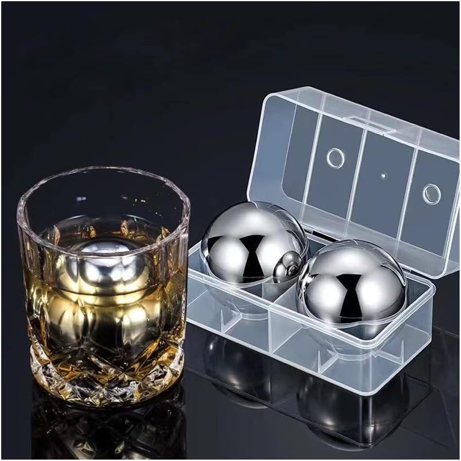 Image of Whisky Stone Gift Set - Reusable Ice Cube, Stainless Steel Whisky Metal, Drinking Gift Set for Men, Metal Ice Cube for Vodka, Wine, Drink Juice (Silver-Ball)