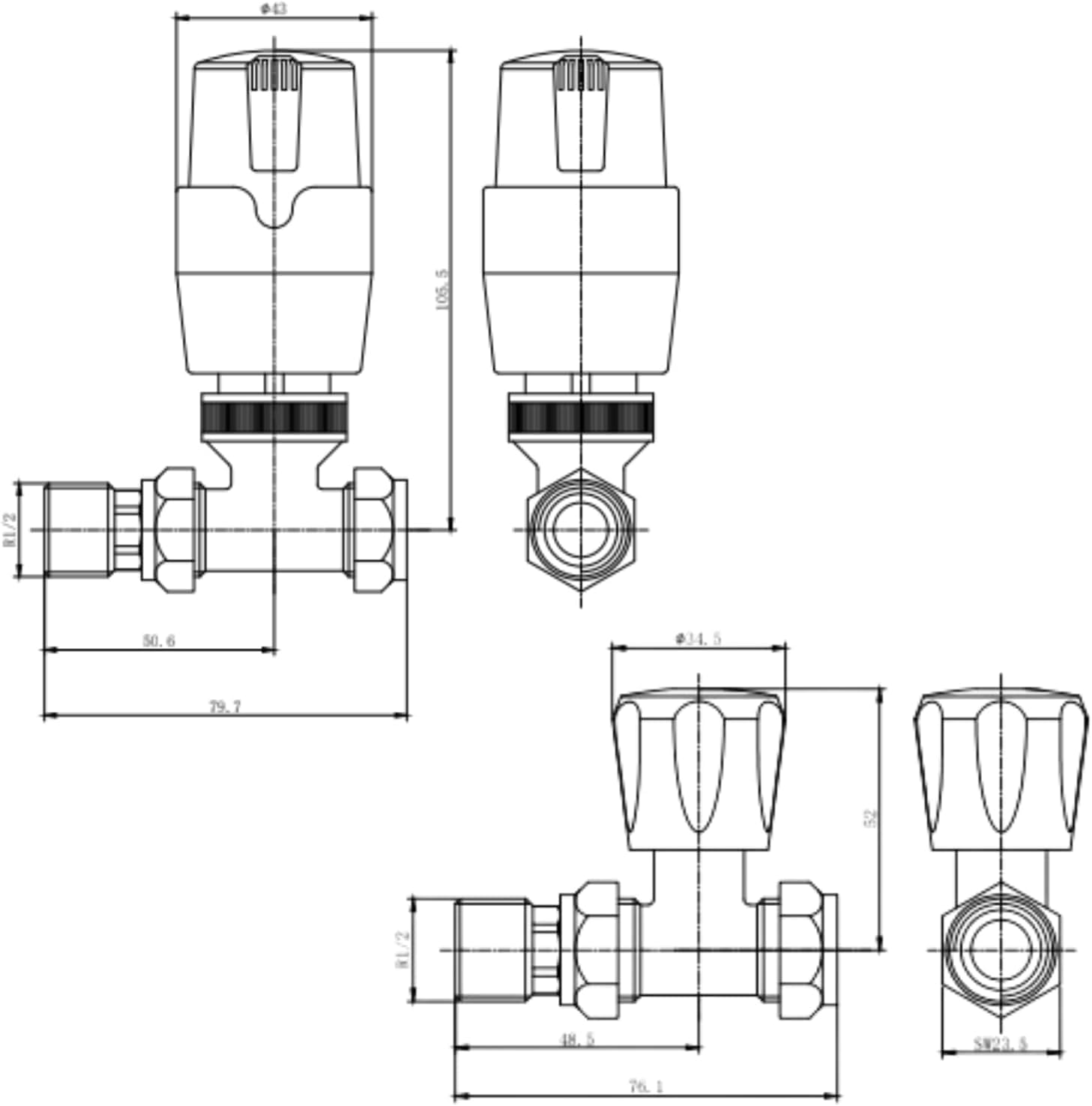Coppia di valvole termostatiche dorate per termosifone, design moderno, design moderno, 15 mm, set da 2