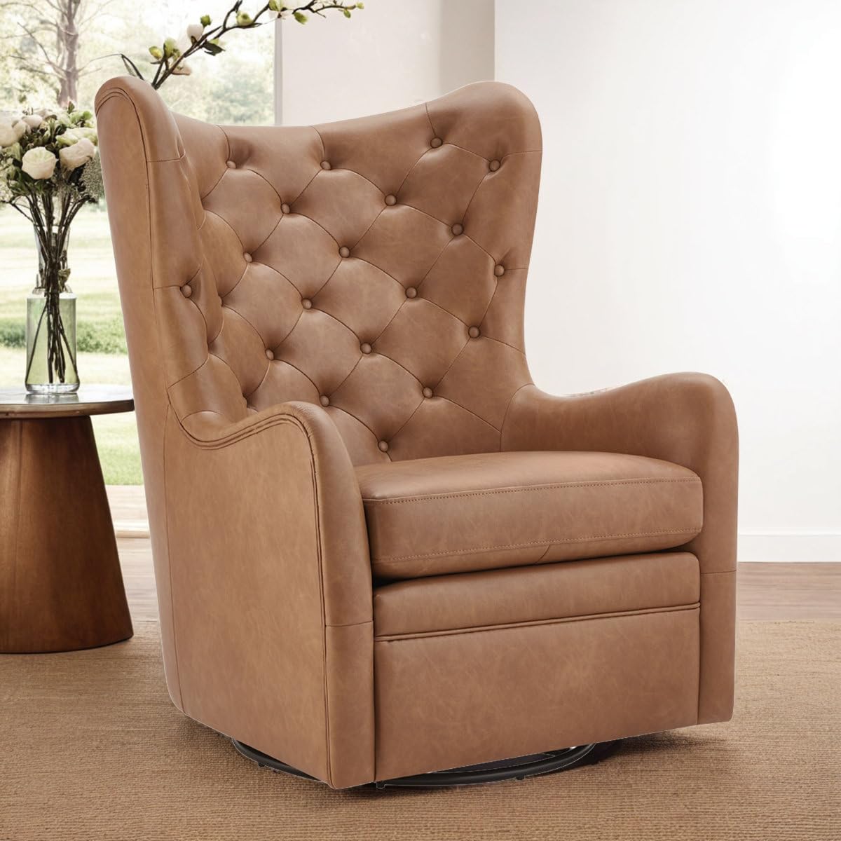 Waverly Faux Leather Tufted Swivel Wingback Chair – 360° Accent Armchair with High Back, Plush Cushion & Elegant Design for Living Room or Office (Brown)-picture-10