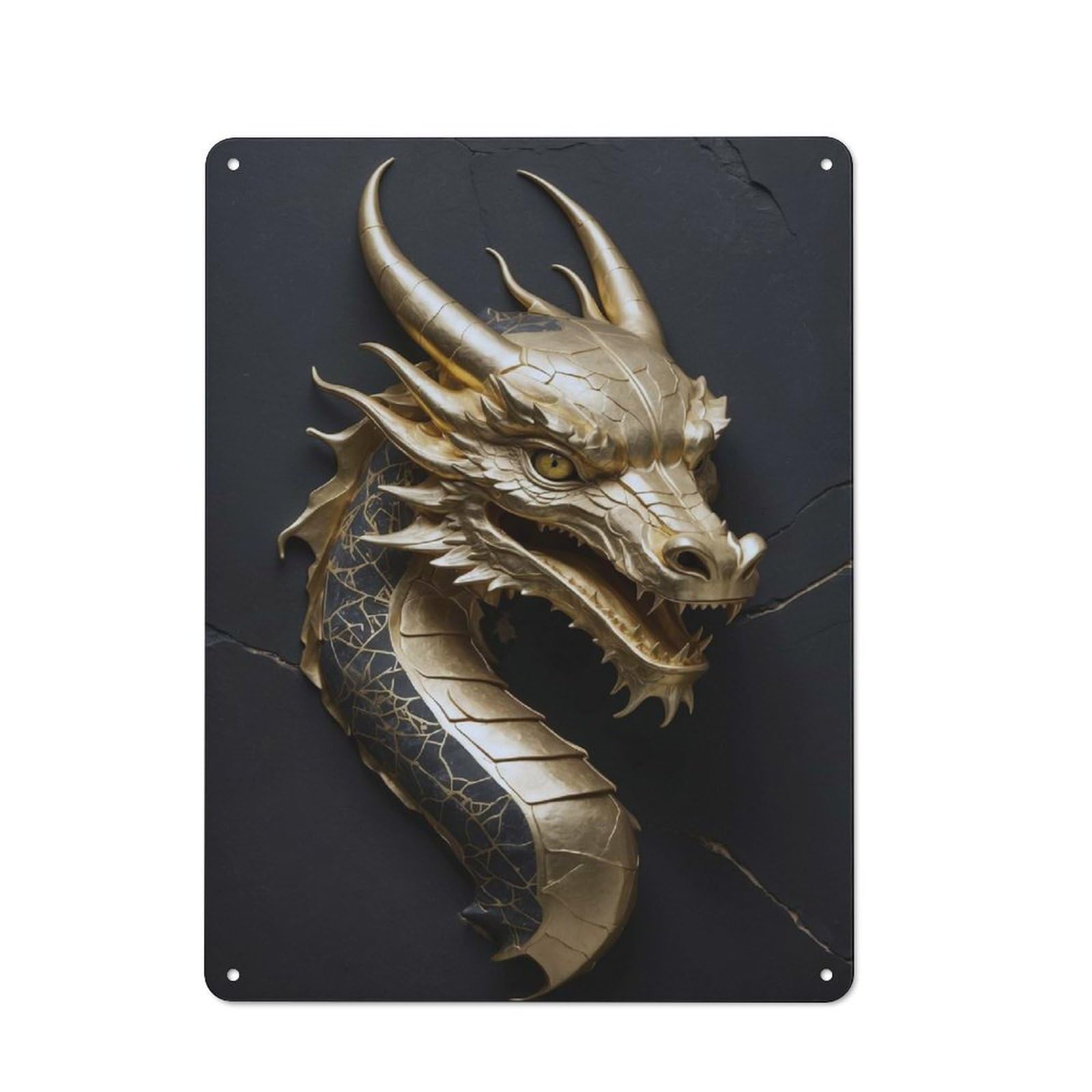 Junmoney Style-13 Workshop Style Golden Dragon Head Sculpture On Dark Background Tin Sign 40X30cm, Garage Wall Decor For Tool Room, Garage, Studio Or Home Bar