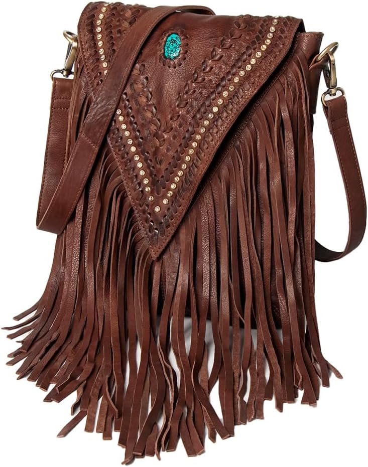 American Darling Messenger Bag - Genuine Vegetable-Tanned Leather Western Purse with Turquoise & Fringes - 14in x 12in
