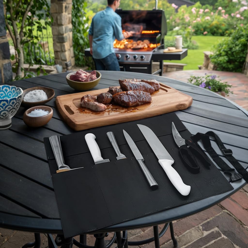 Under NY Sky Genuine Leather Knife Roll Case - 6 Slots - Real Leather Pouch - Portable Bag for Cooking Tools, Utensils, Cutlery Knives, Brushes - Chefs, Kitchen, Travel, Gift - Black