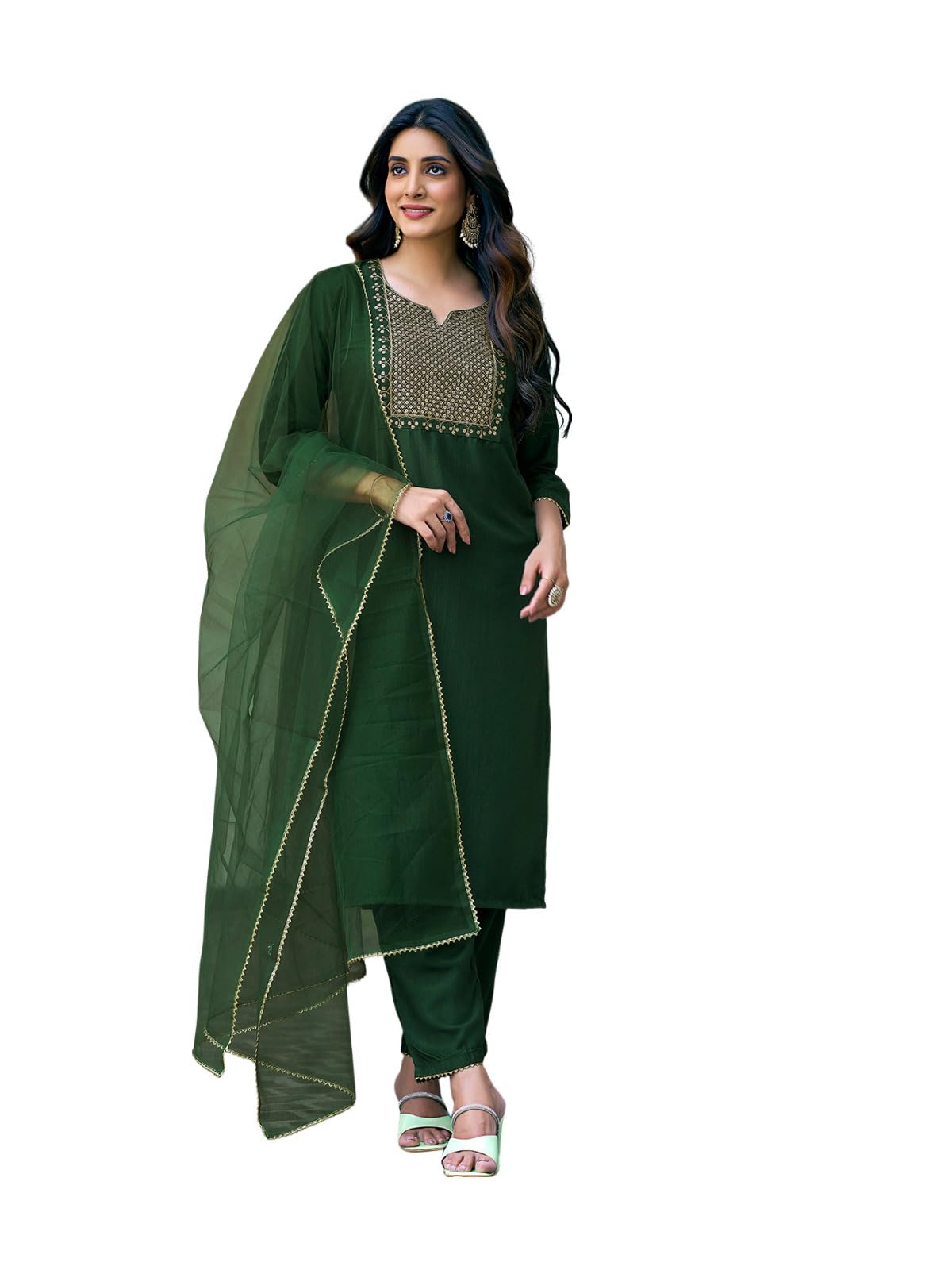 Sanisa Women's Chinnon Sequence Embroidery Work Straight Kurta With Pant And Dupatta (155Kbd1673N-Xxl_Dark Green3)