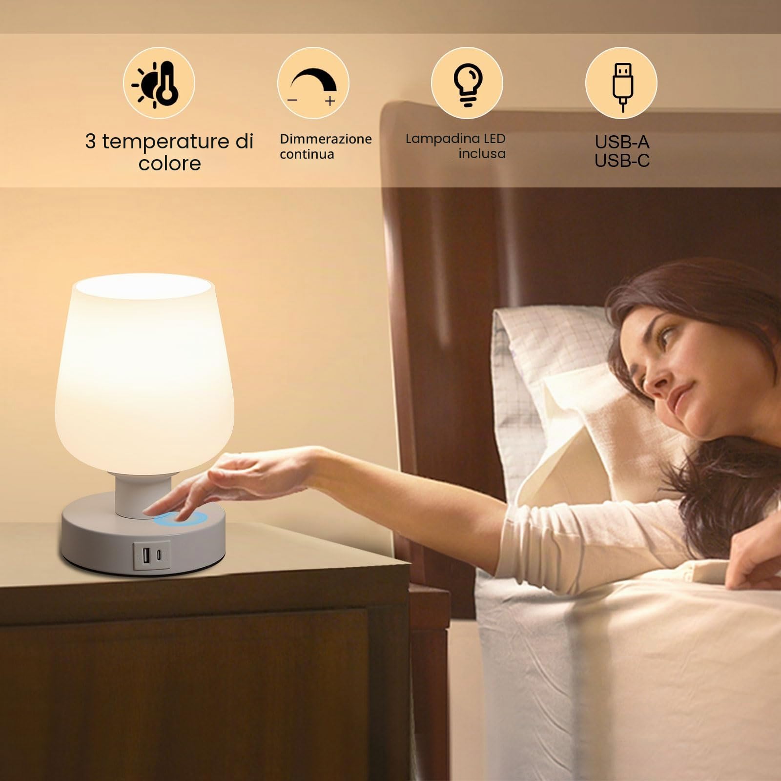 Lightess Touch - Lampada da comodino touch, regolabile, per camera da letto, con porte di ricarica USB A+C, moderna, piccola, con paralume in vetro opale bianco e lampadina LED, temperatura del colore
