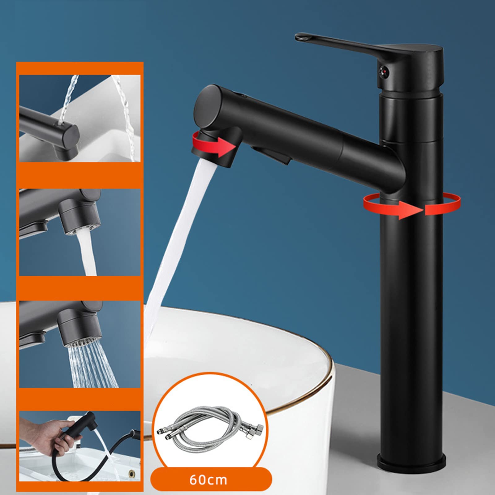 Generico Rubinetto da Bagno Miscelatore Girevole con Doccetta Estraibile per Lavabo da Cucina E Bagno Nero Rotondo Alto