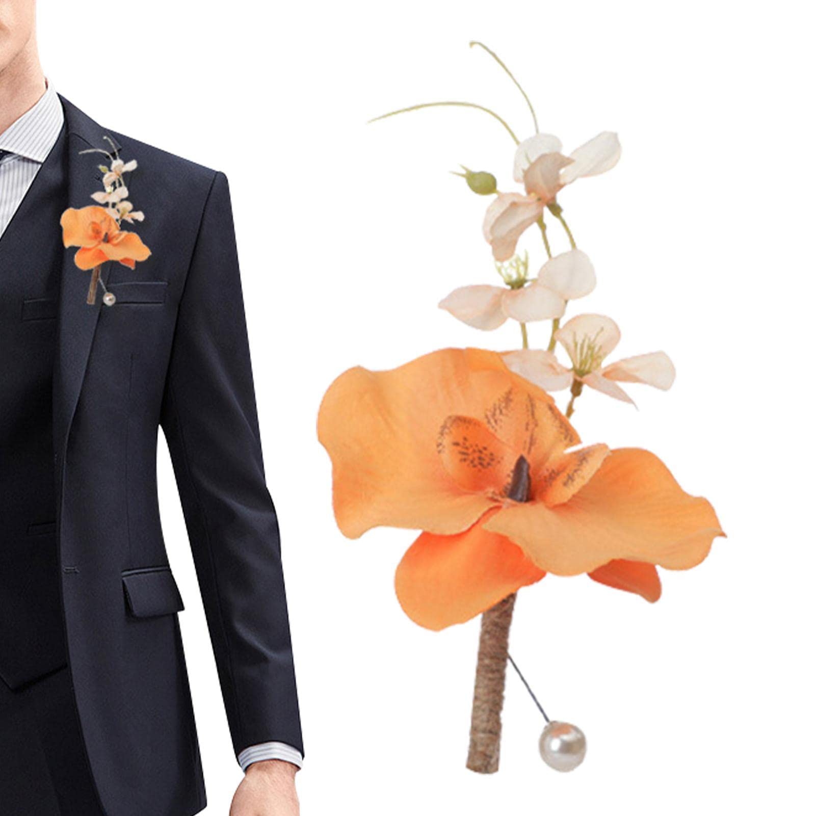 Opilroyn Orange Groom Boutonniere - Groom Flower Boutonniere, Phalaenopsis Corsage | Artificial Groom Groomsmen Wedding Ceremony Corsage