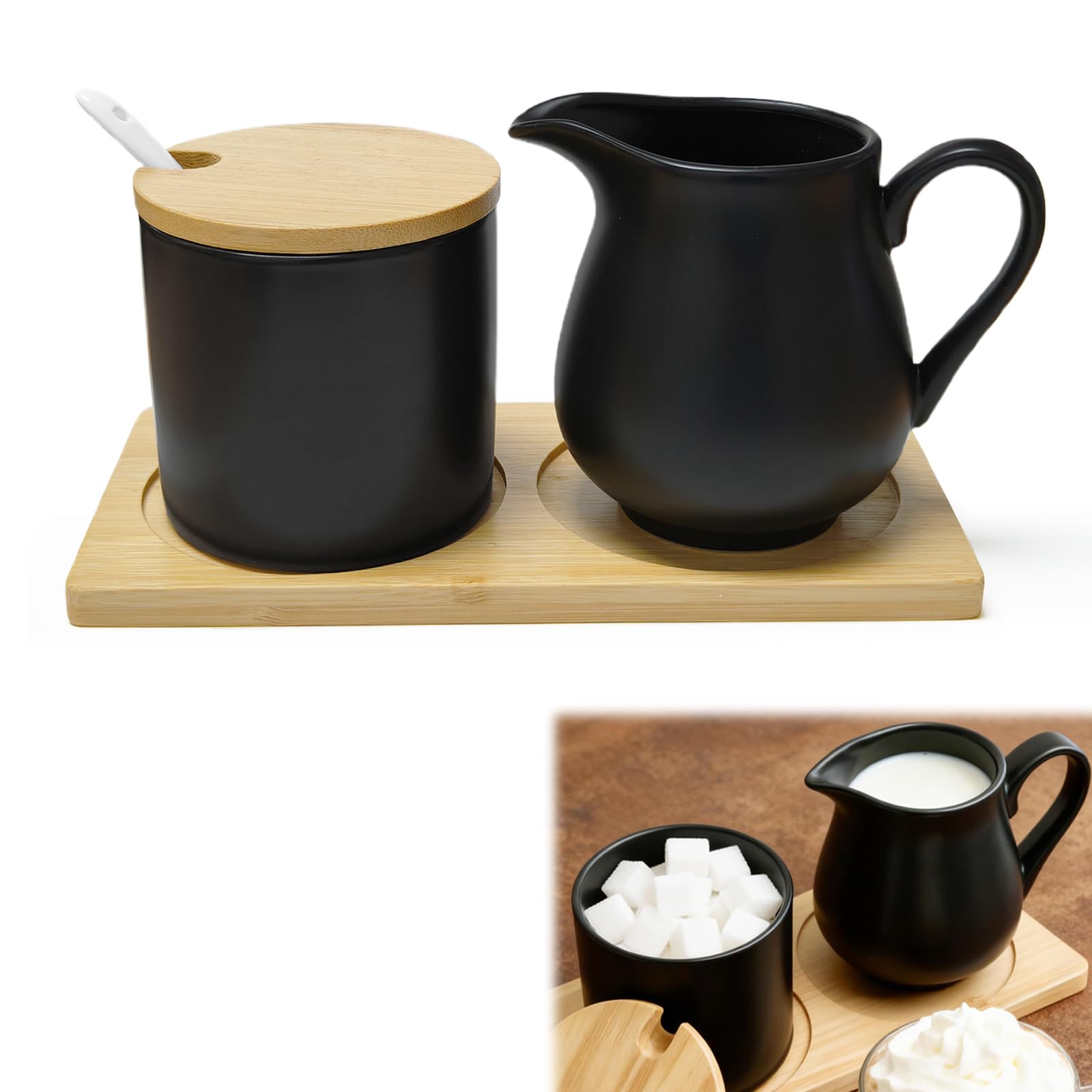 Juego de leche y azúcar con tapa y cuchara, jarra de leche de cerámica y azucarero con bandeja de madera, juego de azúcar para café, jarra de leche, apta para microondas y lavavajillas