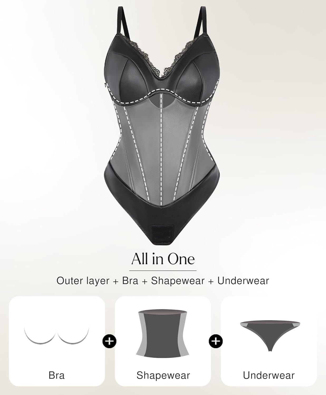 Popilush Body Suits for Womens Faux Leather Lace V Neck Shapewear Tummy Control Sleeveless Thong Corset Bodysuits - Image 2