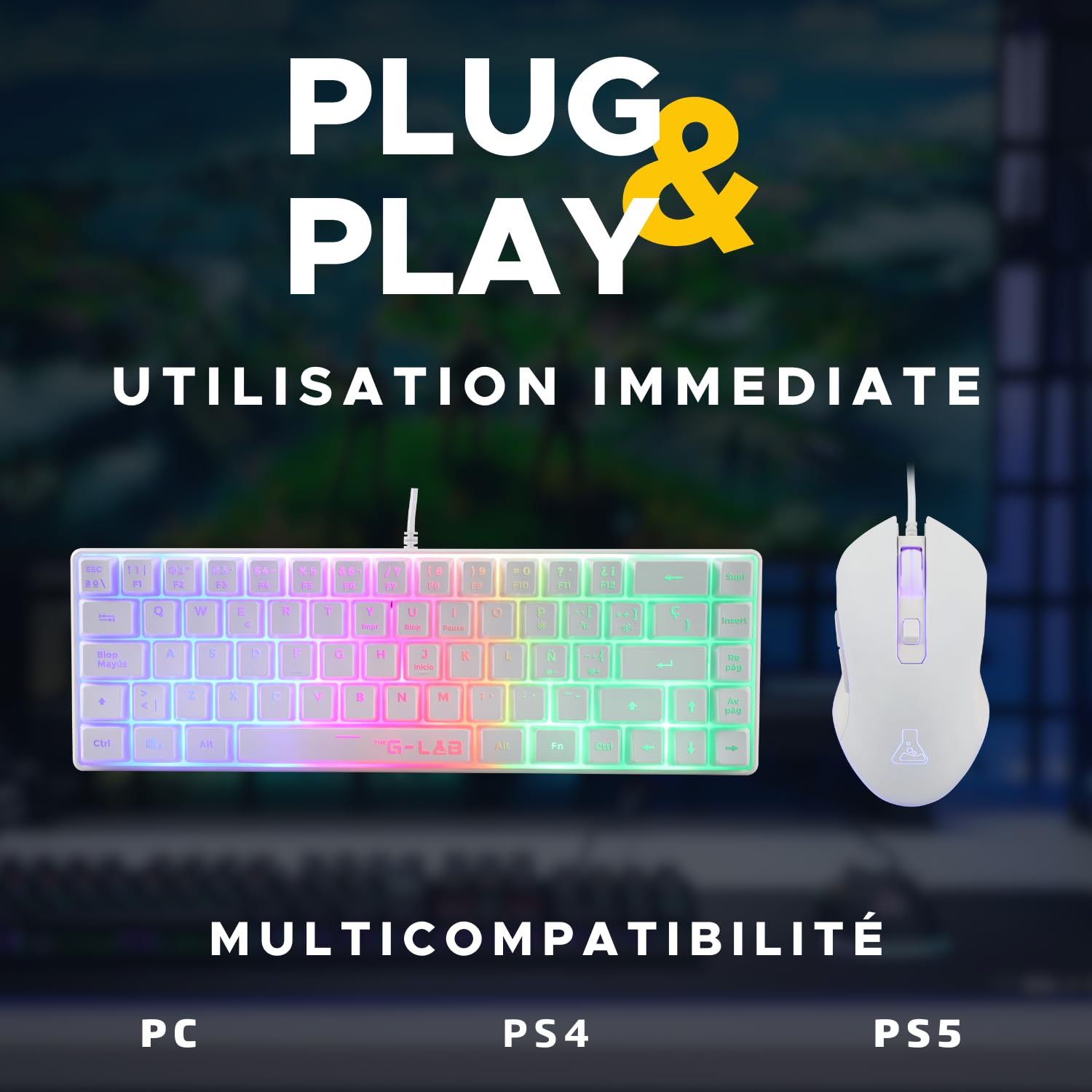 The G-Lab - Combo Hydrogen - Pack Clavier Souris Gamer, Clavier Gamer 60% Filaire, Rétroéclairage RGB, azerty, Format Compact + Souris Gaming RGB, 6 Boutons, 7200 DPI - PC/PS4/PS5 – Blanc